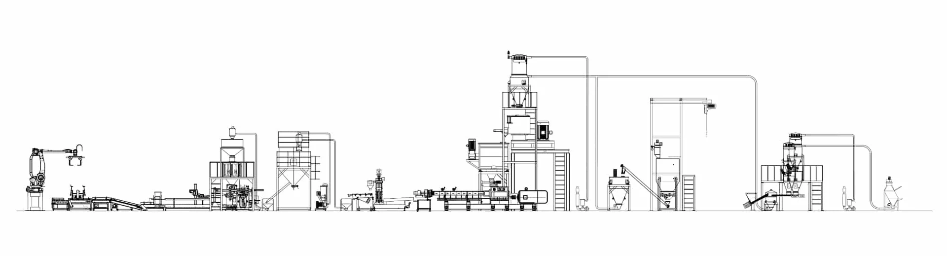 Plano de disposición de una línea SAT-T75 de alta carga: sistema de alimentación, extrusora de triple husillo, peletizado, envasado y paletizado