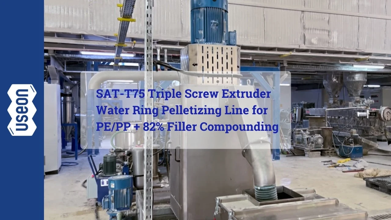 SAT-T75 Triple Screw Extruder Water Ring Pelletizing Line for PE PP 82% Filler Compounding-Video