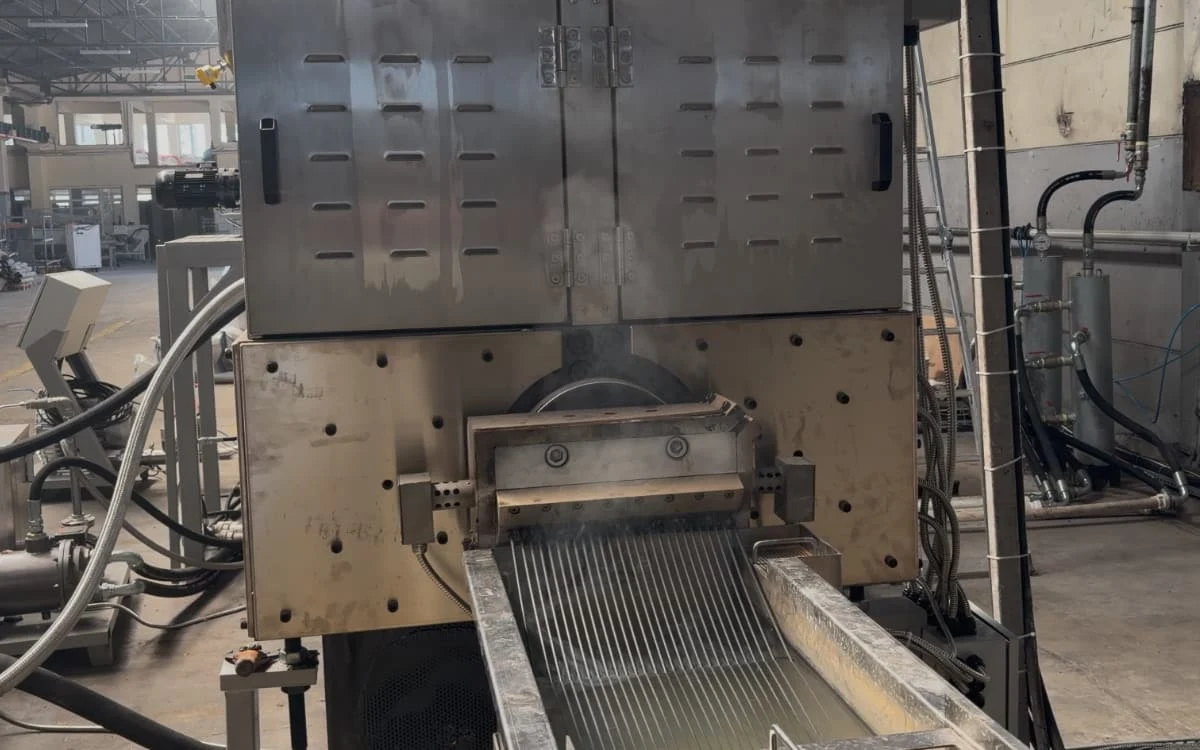 Polymer strands exiting the SAT110 twin screw extruder die and entering the water cooling bath