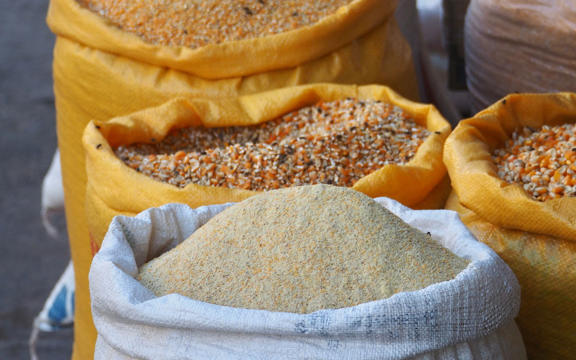 Sacos de rafia plástica blancos y amarillos con grano en un mercado