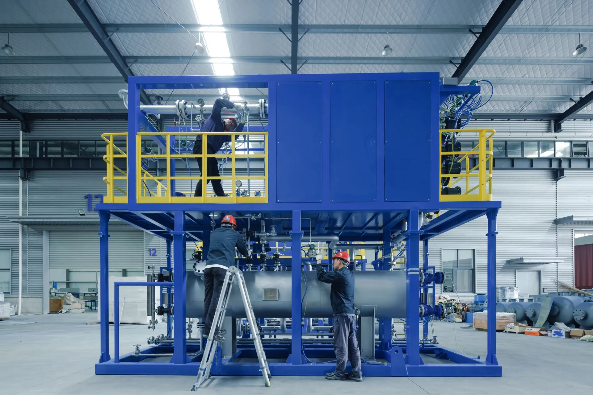 Skid-mounted temperature control units under assembly
