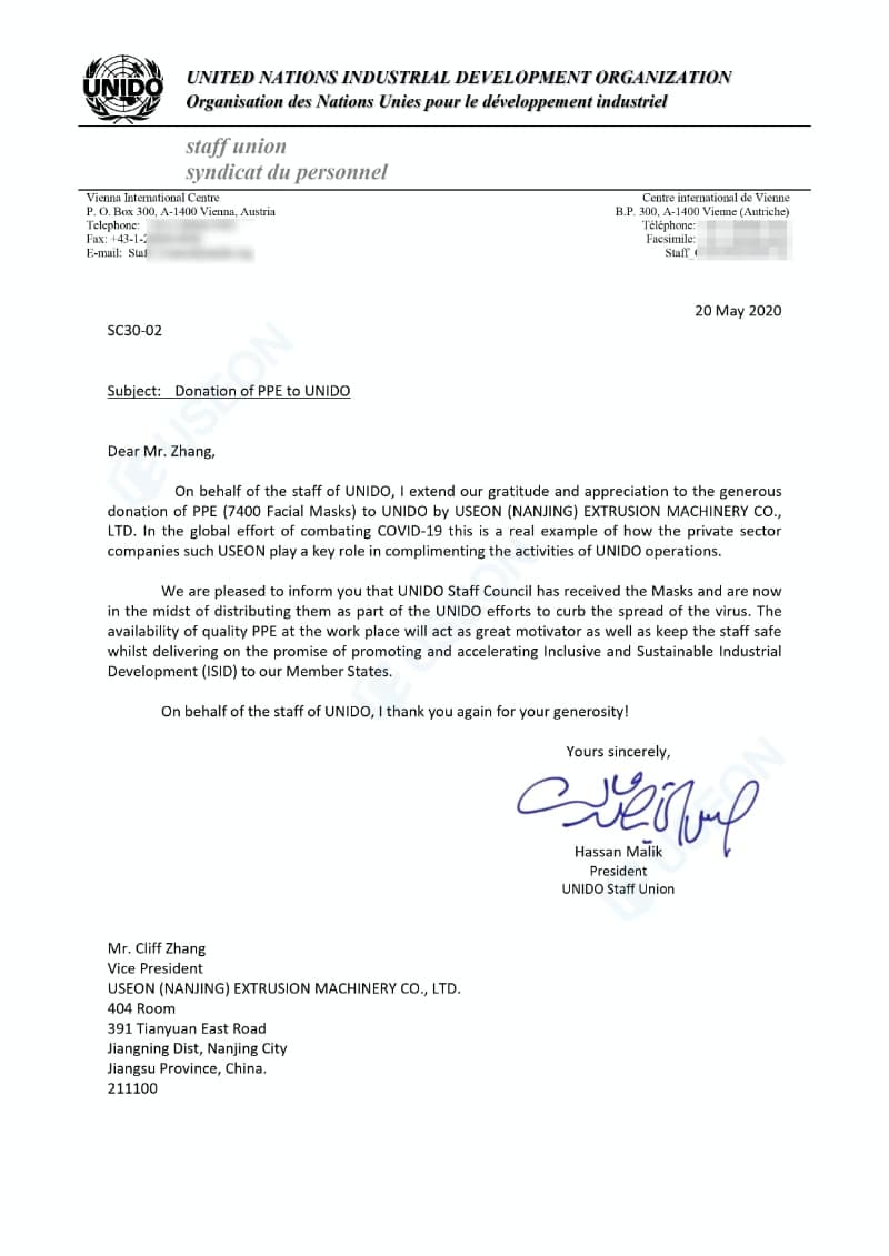 Donation of PPE to UNIDO Donation of PPE to UNIDO